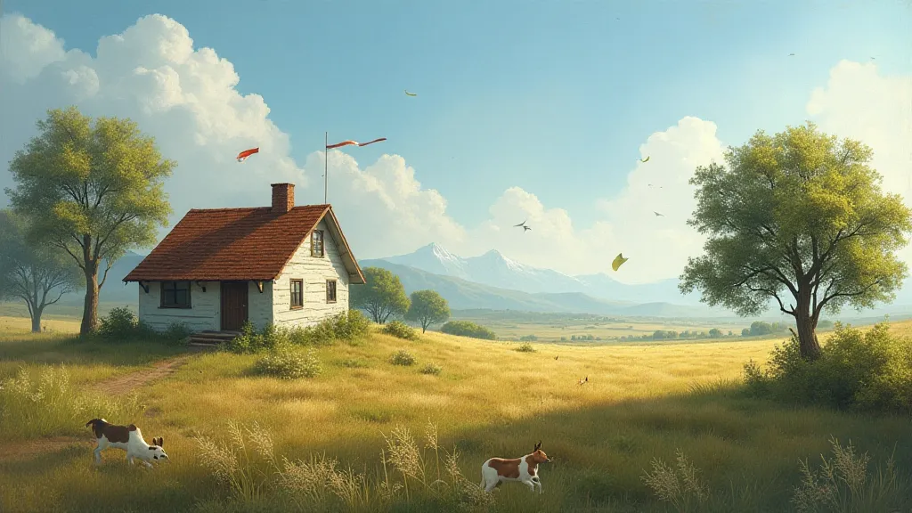 Rural landscape with wind blowing the trees and flag.