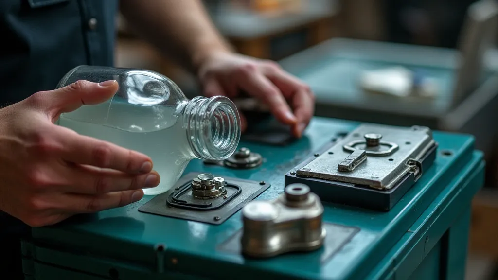 Technician adding distilled water to a flooded lead-acid battery.