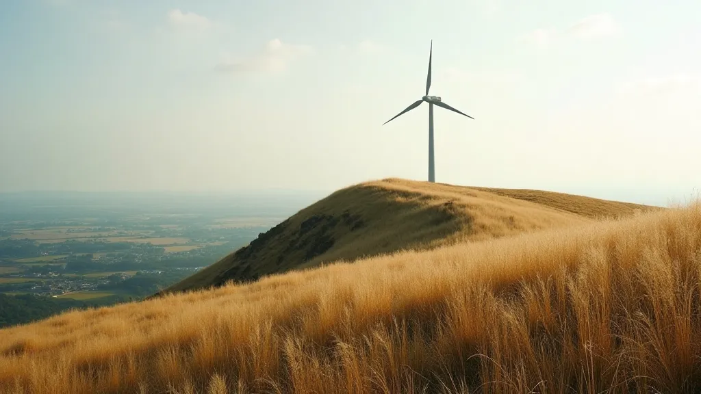A wind turbine on a windswept hill.